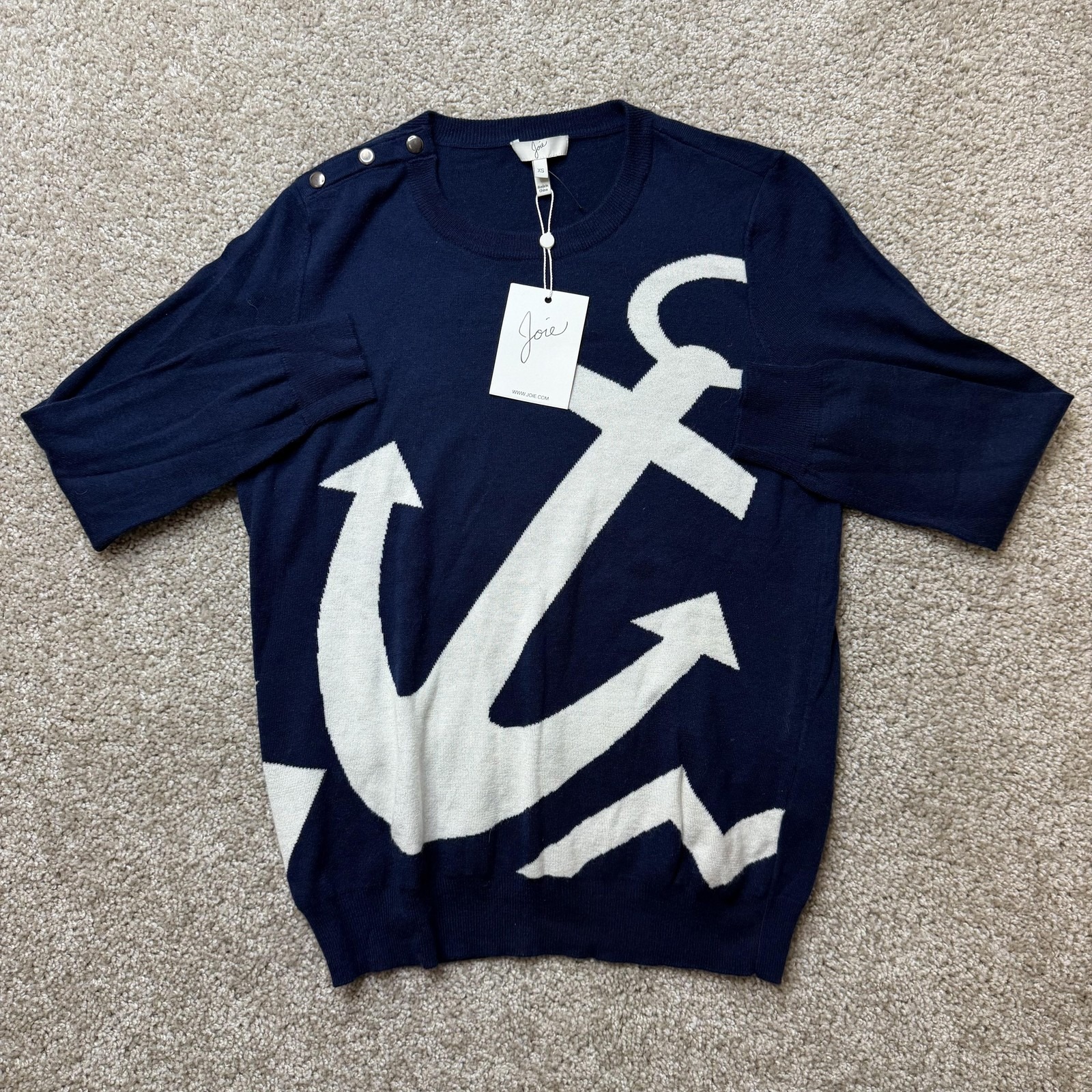 Joie Sweater Womens Xs Blue Crew Neck Anchor Graphic Nautical Pullover